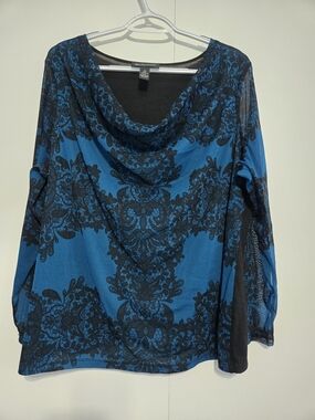 INC International Concepts Blue Black Lace Print Sheer Mesh Top 2X Cowl Neck